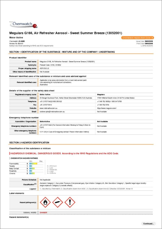 MSDS — Meguiar's Australia